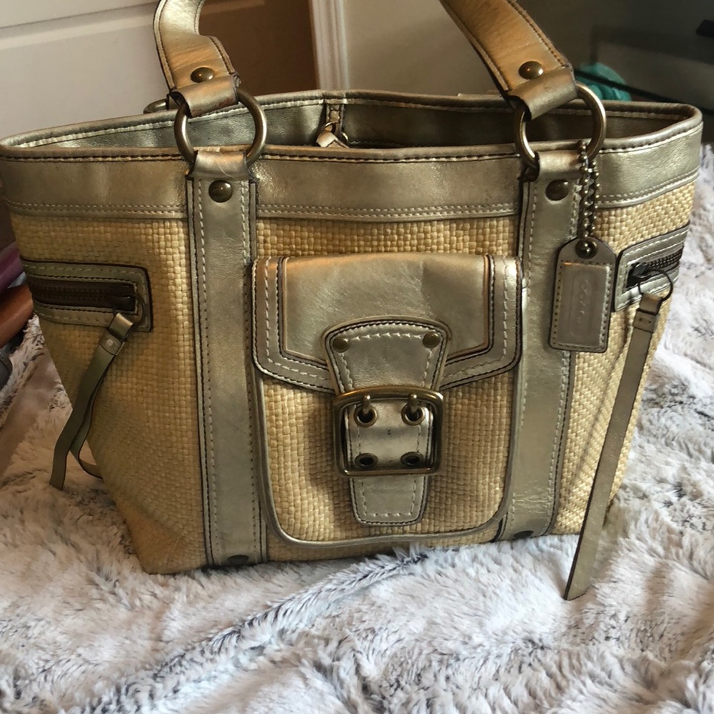 Coach legacy straw and leather tote shopper 113